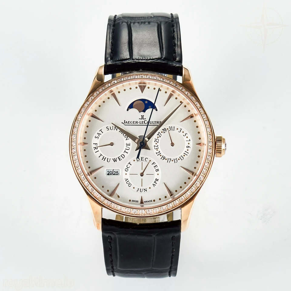 Jaeger-LeCoultre Master Ultra Thin Perpetual Calendar RG V9F White Dial Diamonds Bezel on Black Leather Strap A868 V2