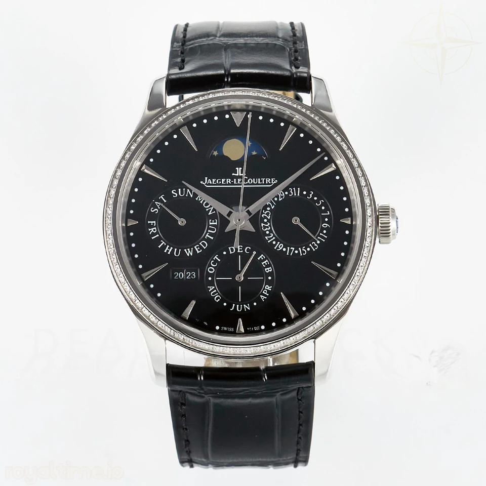 Jaeger-LeCoultre Master Ultra Thin Perpetual Calendar SS V9F Black Dial Diamonds Bezel on Black Leather Strap A868 V2