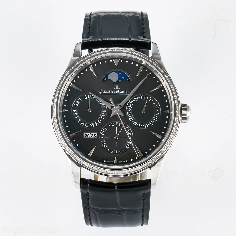 Jaeger-LeCoultre Master Ultra Thin Perpetual Calendar SS V9F Gray Dial Diamonds Bezel on Black Leather Strap A868 V2
