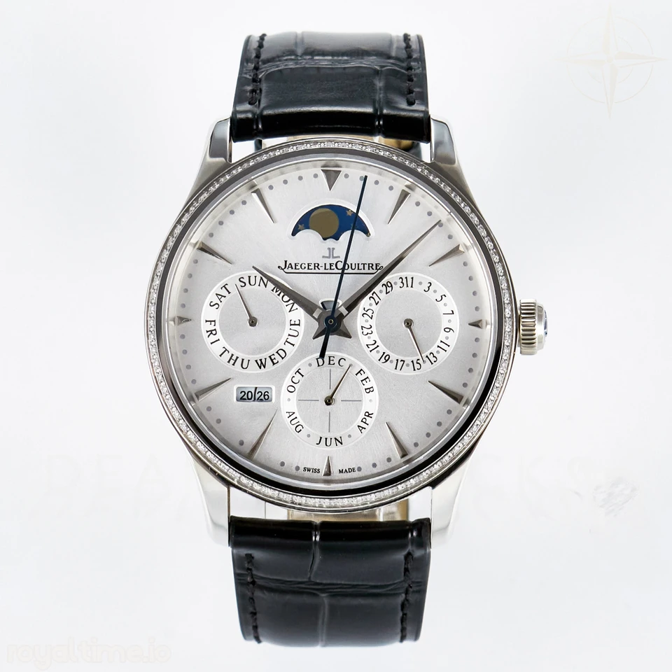 Jaeger-LeCoultre Master Ultra Thin Perpetual Calendar SS V9F White Dial Diamonds Bezel on Black Leather Strap A868 V2