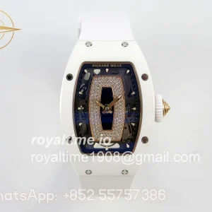 Richard Mille RM07 Ladies White Ceramic Diamonds Bezel ZF Black Dial on White Rubber Strap CRMA2