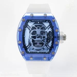 Richard Mille RM52-01 Blue Transparent Tourbillon MSF Skull Dial on White Rubber Strap