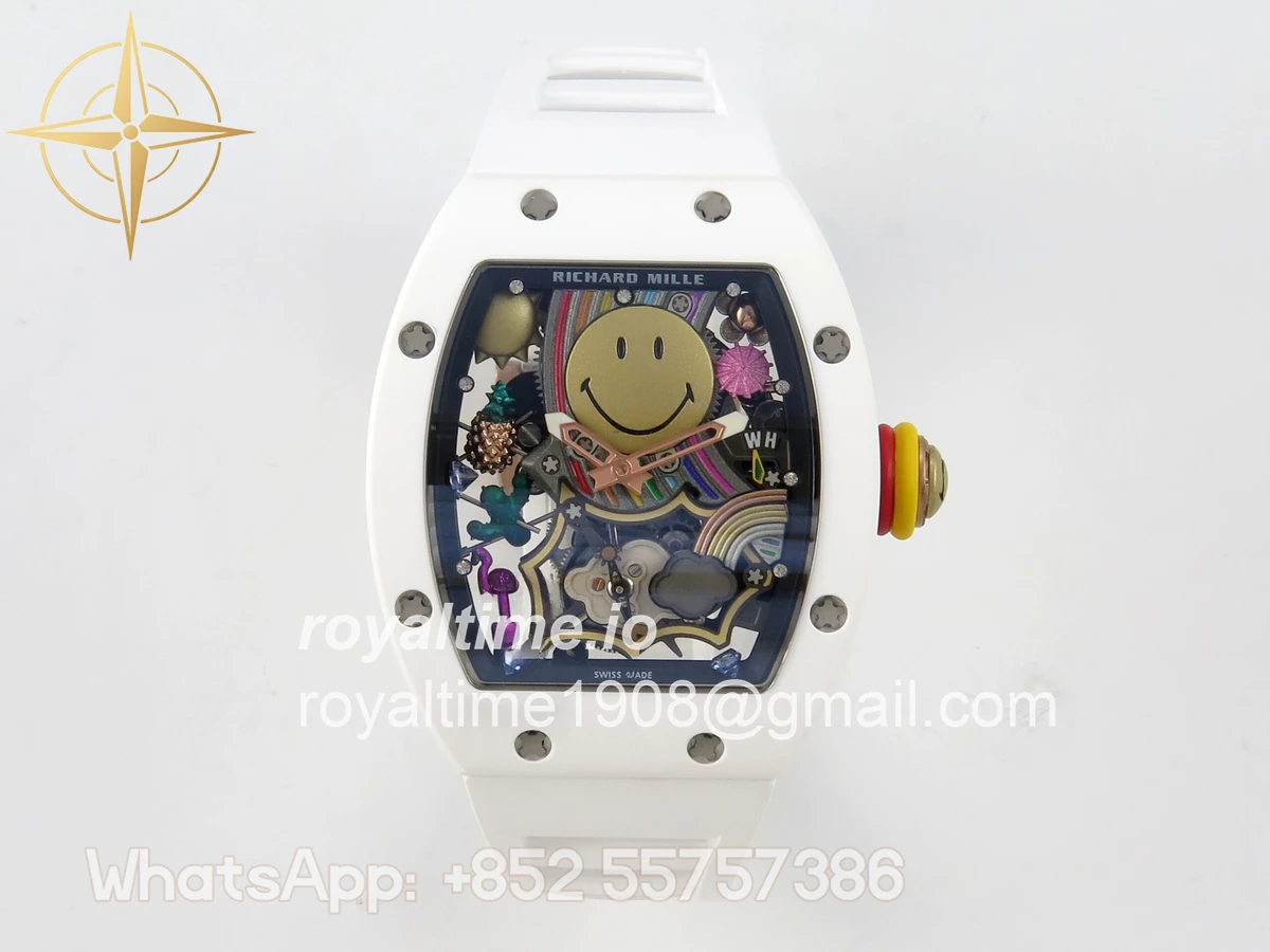 Richard Mille RM88 Tourbillon Smiley White Ceramic RMF on White Rubber Strap