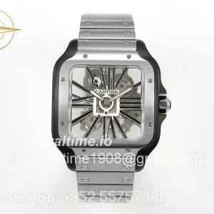 Cartier Santos de Cartier Skeleton PVD MLF Skeleton Black Skeleton Dial on SS SmartLink Bracelet 9611MC