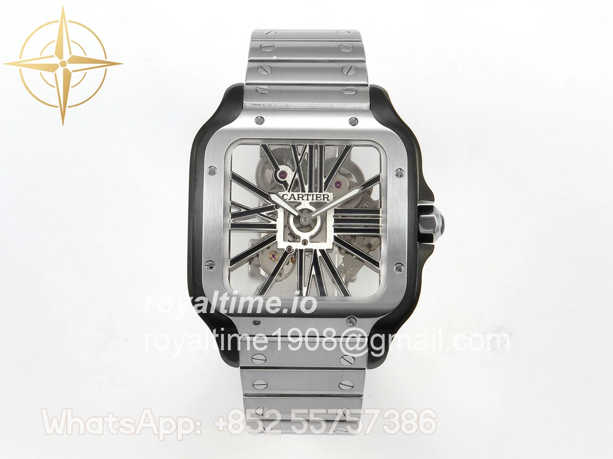 Cartier Santos de Cartier Skeleton PVD MLF Skeleton Black Skeleton Dial on SS SmartLink Bracelet 9611MC
