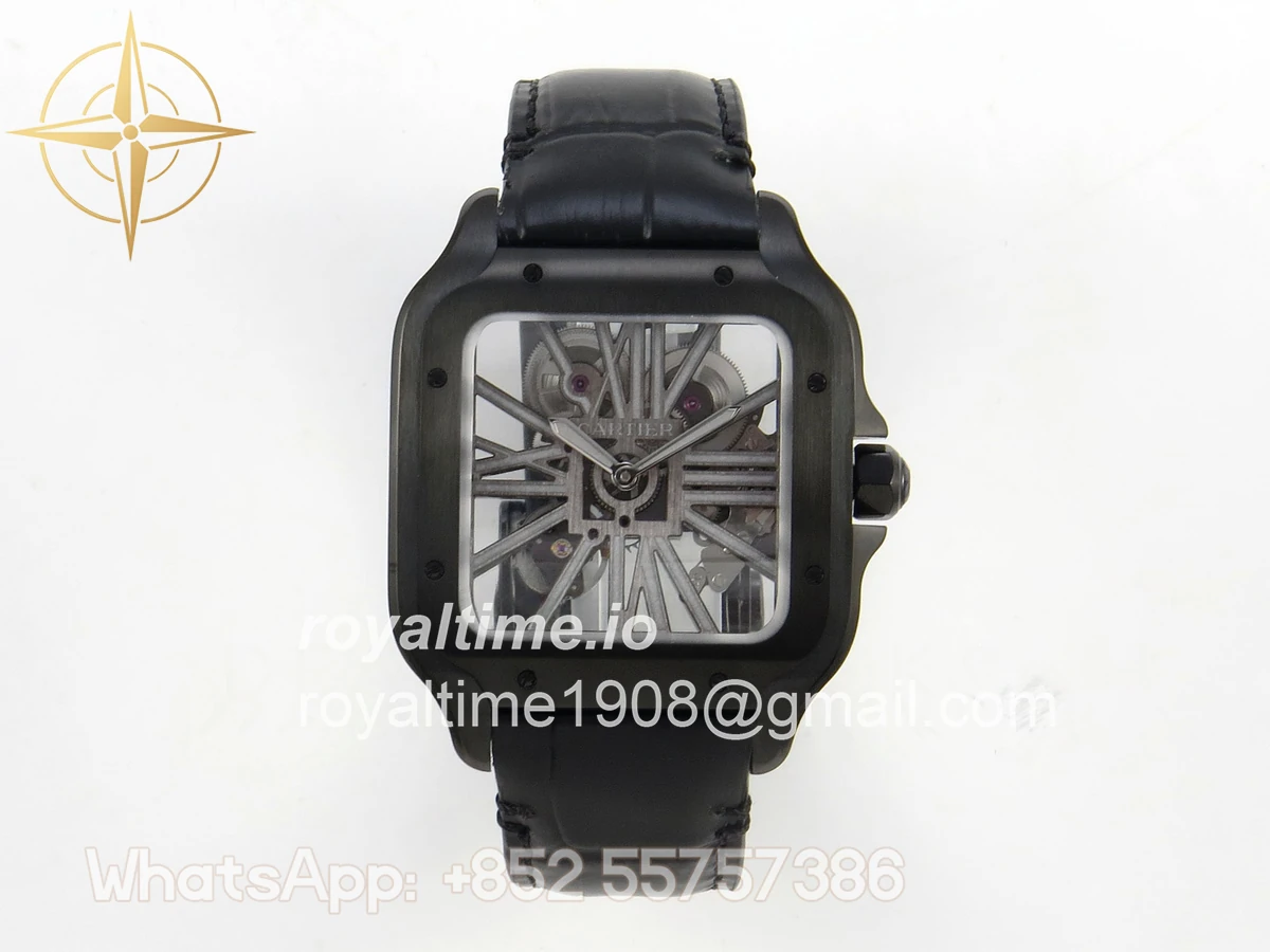 Cartier Santos de Cartier Skeleton PVD MLF Skeleton Dial on Black Leather Strap 9612MC