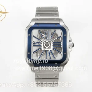 Cartier Santos de Cartier Skeleton SS MLF Skeleton Blue Skeleton Dial Blue Bezel on SS SmartLink Bracelet 9611MC
