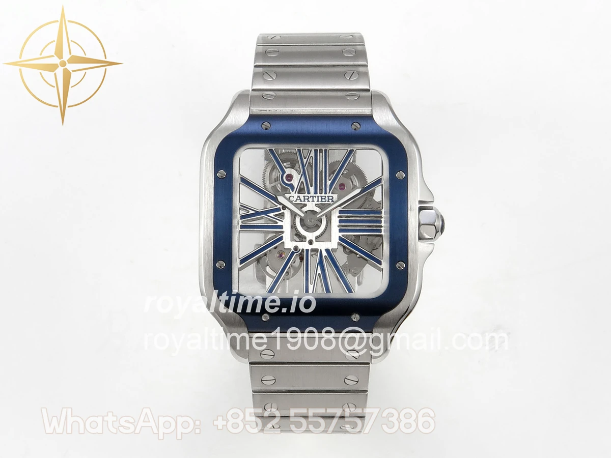 Cartier Santos de Cartier Skeleton SS MLF Skeleton Blue Skeleton Dial Blue Bezel on SS SmartLink Bracelet 9611MC