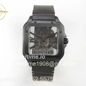 Cartier Santos Skeleton PVD RF Skeleton Dial on Gray Leather Strap 9612MC