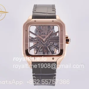 Cartier Santos Skeleton RG RF Skeleton Dial on Black Leather Strap 9611MC