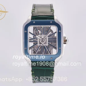 Cartier Santos Skeleton SS RF Skeleton Dial Blue Bezel on Green Leather Strap 9611MC