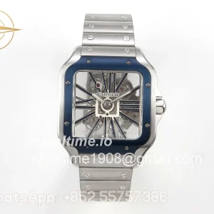 Cartier Santos Skeleton SS RF Skeleton Dial Blue Bezel on SS SmartLink Bracelet 9611MC
