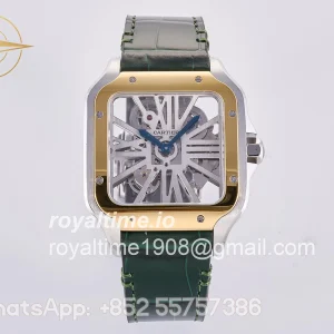 Cartier Santos Skeleton SS/YG RF Skeleton Dial on Green Leather Strap 9611MC