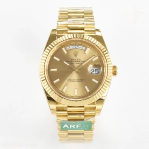 Day Date 40 228238 ARF 904L Steel Gold Stick Dial on President Bracelet VR3255