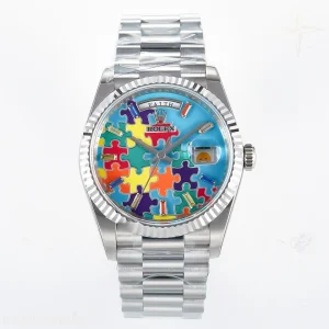 Daydate 128239 36mm Colour Jigsaw Puzzle SS QHF Turquoise Blue Dial on SS President Bracelet A2834