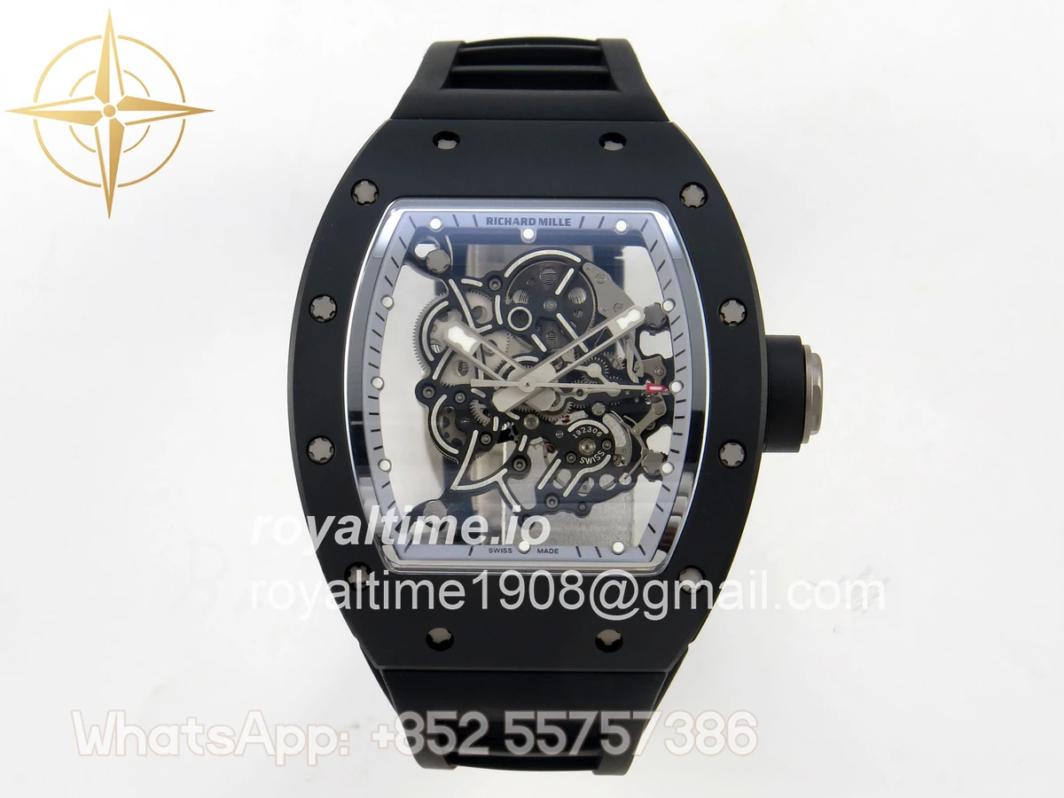 Richard Mille Custom RM055 Black Ceramic ZGF Silver Inner Bezel on Black Rubber Strap Vaucher Manufacture Fleurier Movement (Free Sprung)