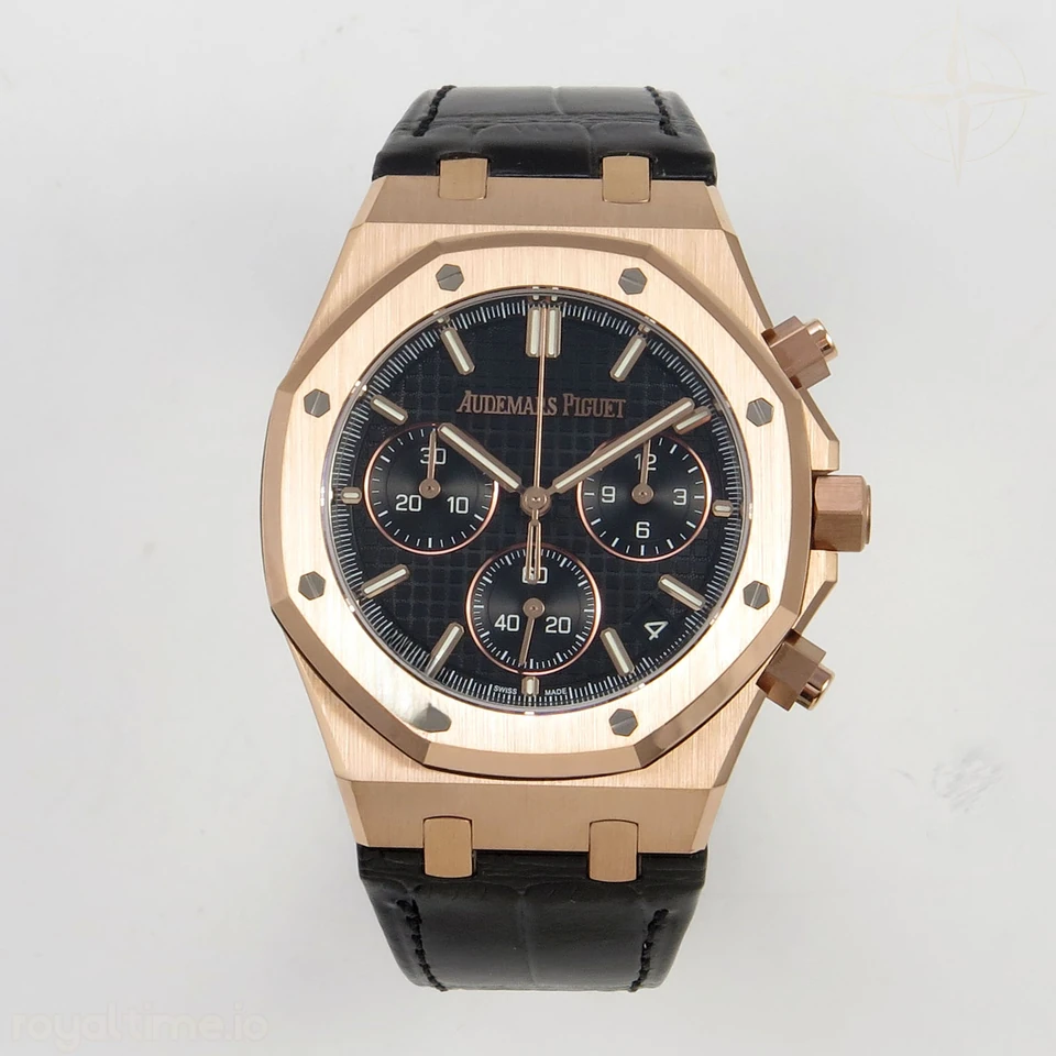 Audemars Piguet Royal Oak Chrono 26240 RG DDF Black Dial on Black Leather Strap DD4401 Gain Weight (SW Dial)