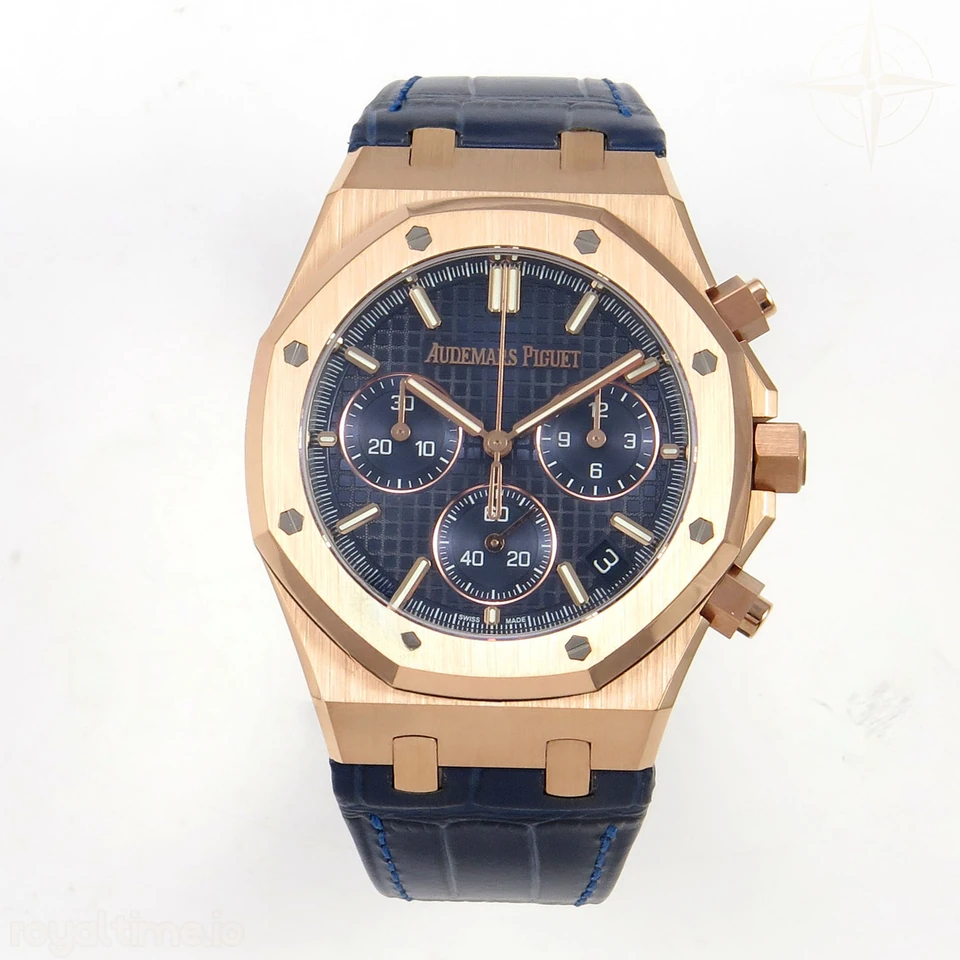 Audemars Piguet Royal Oak Chrono 26240 RG DDF Blue Dial on Blue Leather Strap DD4401 Gain Weight (SW Dial)