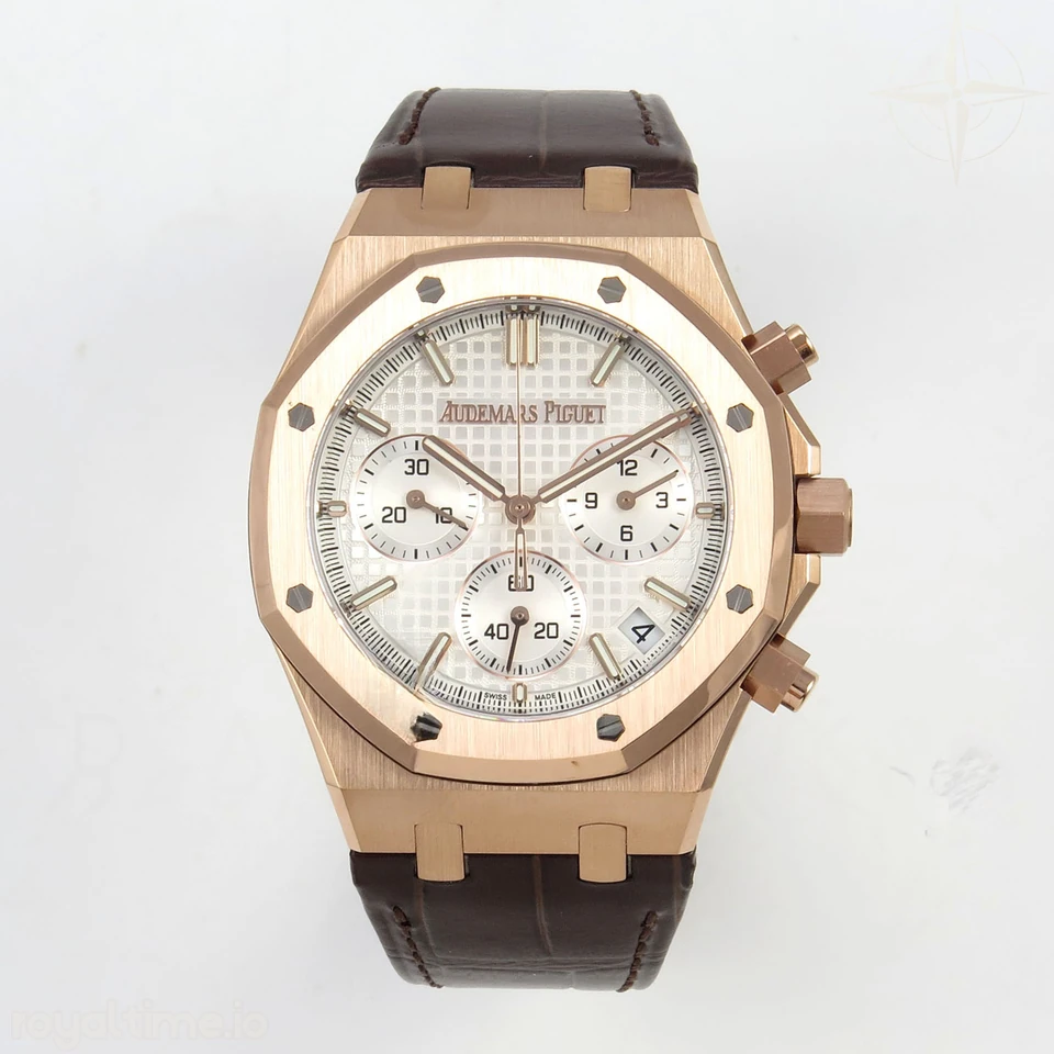 Audemars Piguet Royal Oak Chrono 26240 RG DDF White Dial on Brown Leather Strap DD4401 Gain Weight (SW Dial)