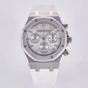 Audemars Piguet Royal Oak Chrono 26240 SS DDF Silver Dial on White Rubber Strap DD4401 (50th Anniversary)