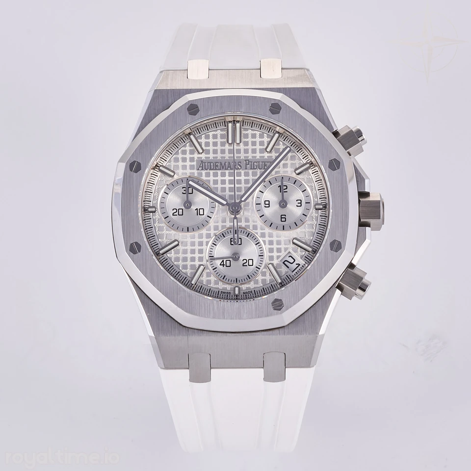 Audemars Piguet Royal Oak Chrono 26240 SS DDF Silver Dial on White Rubber Strap DD4401 (50th Anniversary)