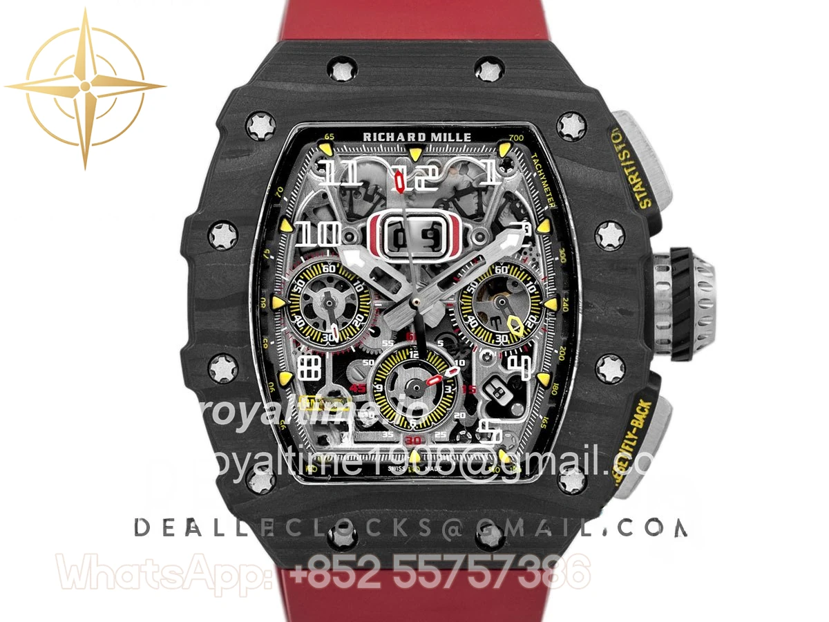 Richard Mille RM 011 Automatic Flyback Chronograph Carbon on Red Rubber Strap