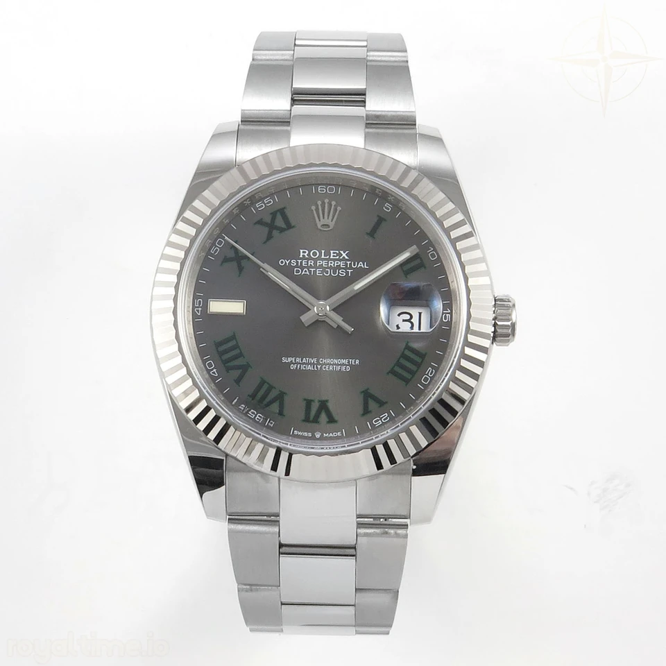 Rolex DateJust 41 126334 904L SS SCF Gray Dial Green Roman on Oyster Bracelet VR3235