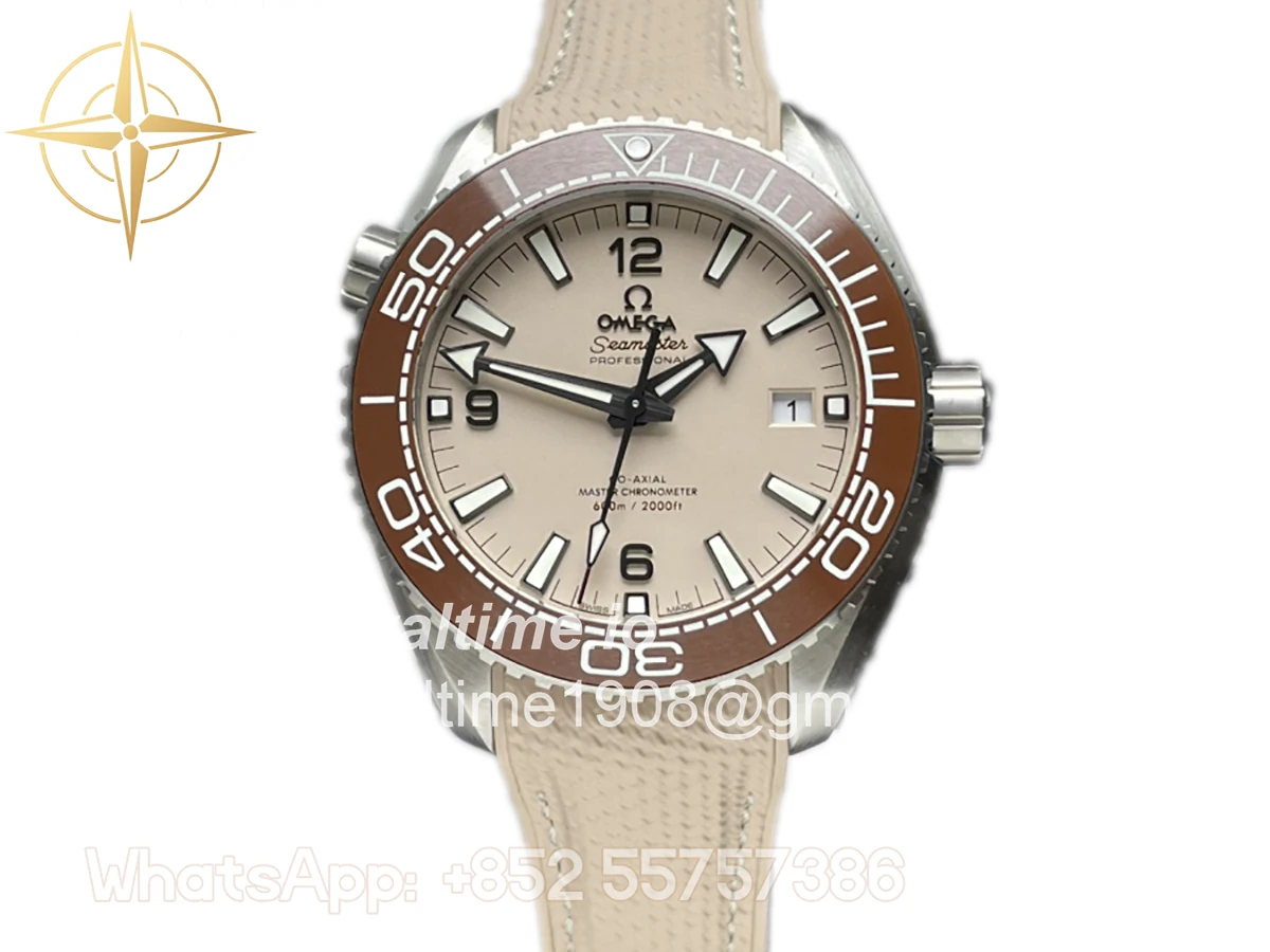 Omega Seamaster Planet Ocean 600M 43.5mm Steel Beige Dial on Rubber Strap