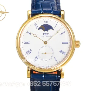 IWC Portofino Hand Wound Moon Phrase IW5548 White Dial in Yellow Gold