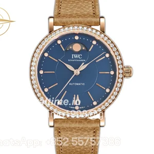 IWC Portofino IW6596 Automatic Moon Phase 37 Blue Dial in Rose Gold on Brown Leather Strap