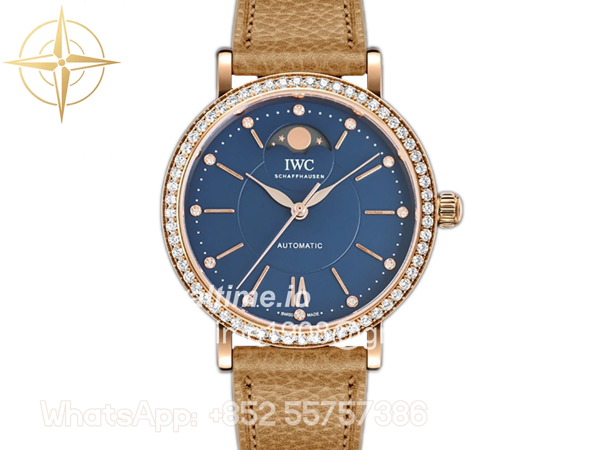 IWC Portofino IW6596 Automatic Moon Phase 37 Blue Dial in Rose Gold on Brown Leather Strap