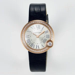 Cartier Ballon Blanc De Cartier 30mm RG DRF Silvered Texture Dial Diamonds Bezel on Black Leather Strap Ronda Quartz