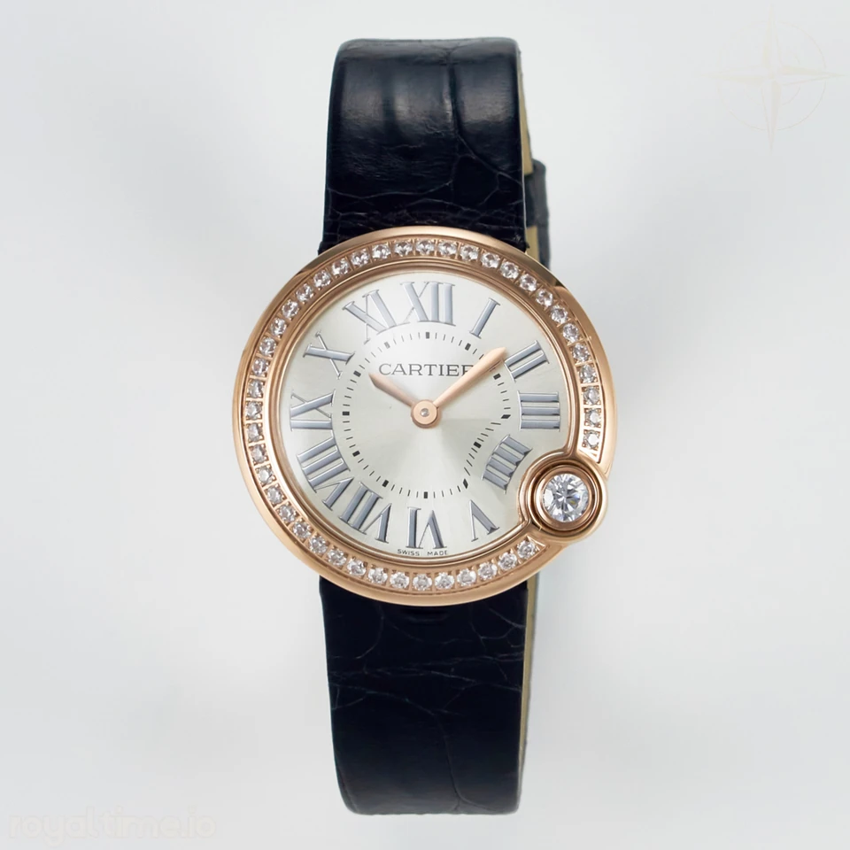 Cartier Ballon Blanc De Cartier 30mm RG DRF Silvered Texture Dial Diamonds Bezel on Black Leather Strap Ronda Quartz