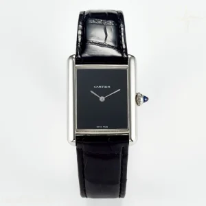 Cartier Tank Must Large SS 33.7mm DRF Black Dial on Black Leather Strap Swiss Quartz