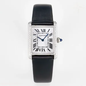 Cartier Tank Must Large SS 33.7mm DRF White Dial Diamonds Bezel on Black Calfskin Strap Swiss Quartz