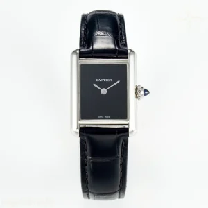 Cartier Tank Must Small SS 29mm DRF Black Dial on Black Leather Strap Swiss Quartz