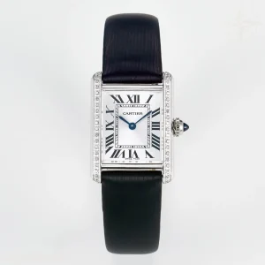 Cartier Tank Must Small SS 29mm DRF White Dial Diamonds Bezel on Black Calfskin Strap Swiss Quartz