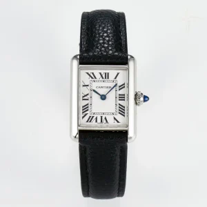 Cartier Tank Must Small SS 29mm DRF White Dial on Black Leather Strap Swiss Quartz