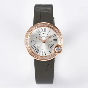 Cartier Ballon Blanc De Cartier 30mm RG DRF Silvered Texture Dial Diamonds Bezel on Green Leather Strap Ronda Quartz