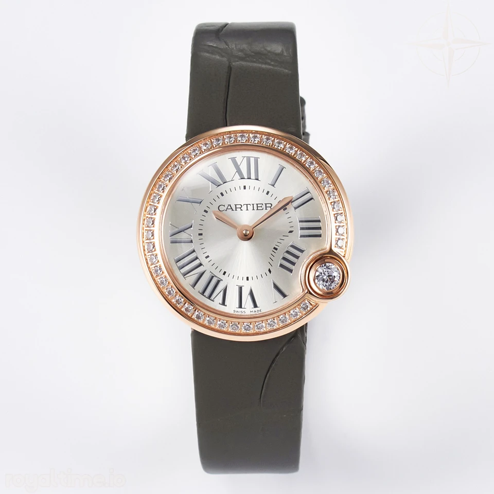 Cartier Ballon Blanc De Cartier 30mm RG DRF Silvered Texture Dial Diamonds Bezel on Green Leather Strap Ronda Quartz