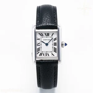 Cartier Tank Solo Ladies 28mm SS AF White Dial on Black Leather Strap Ronda Quartz