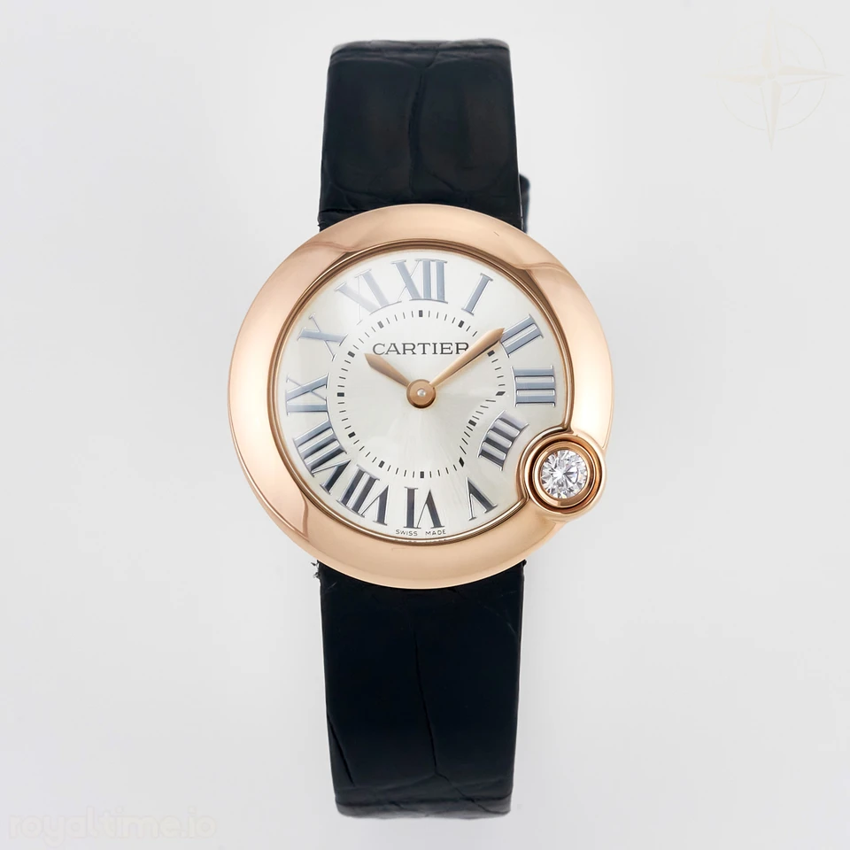 Cartier Ballon Blanc De Cartier 30mm RG DRF Silvered Texture Dial on Black Leather Strap Ronda Quartz