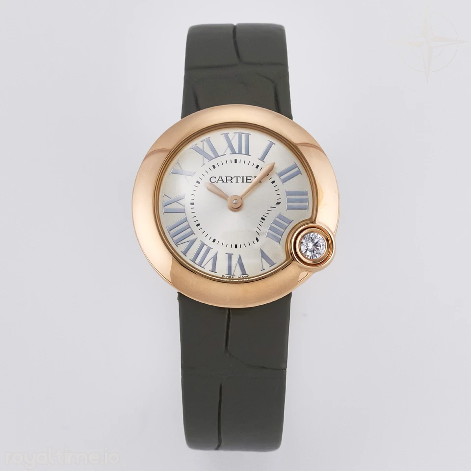 Cartier Ballon Blanc De Cartier 30mm RG DRF Silvered Texture Dial on Green Leather Strap Ronda Quartz