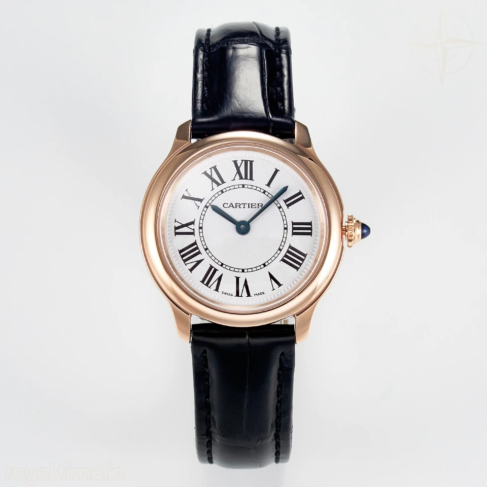 Cartier Ronde De Cartier 29mm RG DRF Sandblasted Silver-Plated White Dial on Black Leather Strap Ronda Quartz