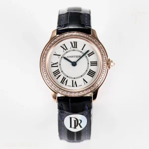 Cartier Ronde Louis Cartier 29mm RG DRF Sandblasted Beige Dial Diamonds Bezel on Blue Leather Strap Ronda Quartz