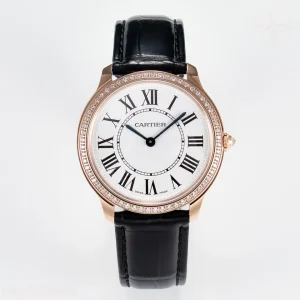 Cartier Ronde Louis Cartier 36mm RG DRF Sandblasted Beige Dial Diamonds Bezel on Black Leather Strap Ronda Quartz