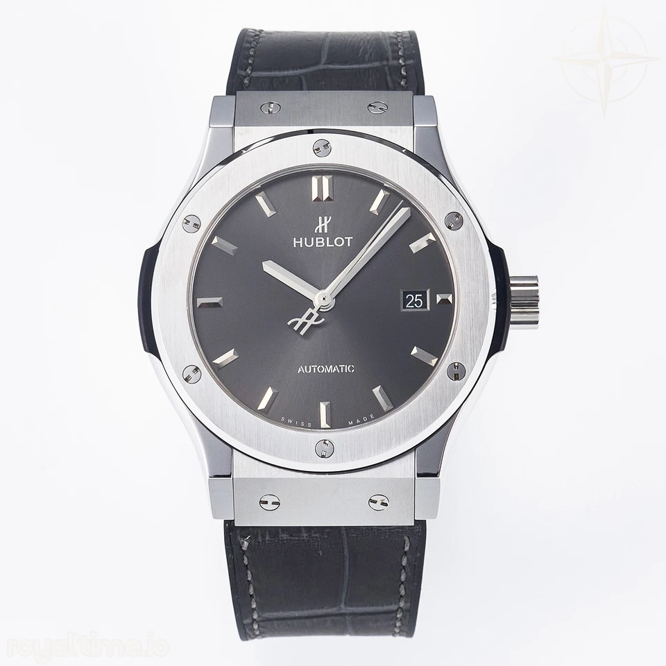 Hublot Classic Fusion 42mm SS JJF Gray Dial on Black Gummy Leather Strap