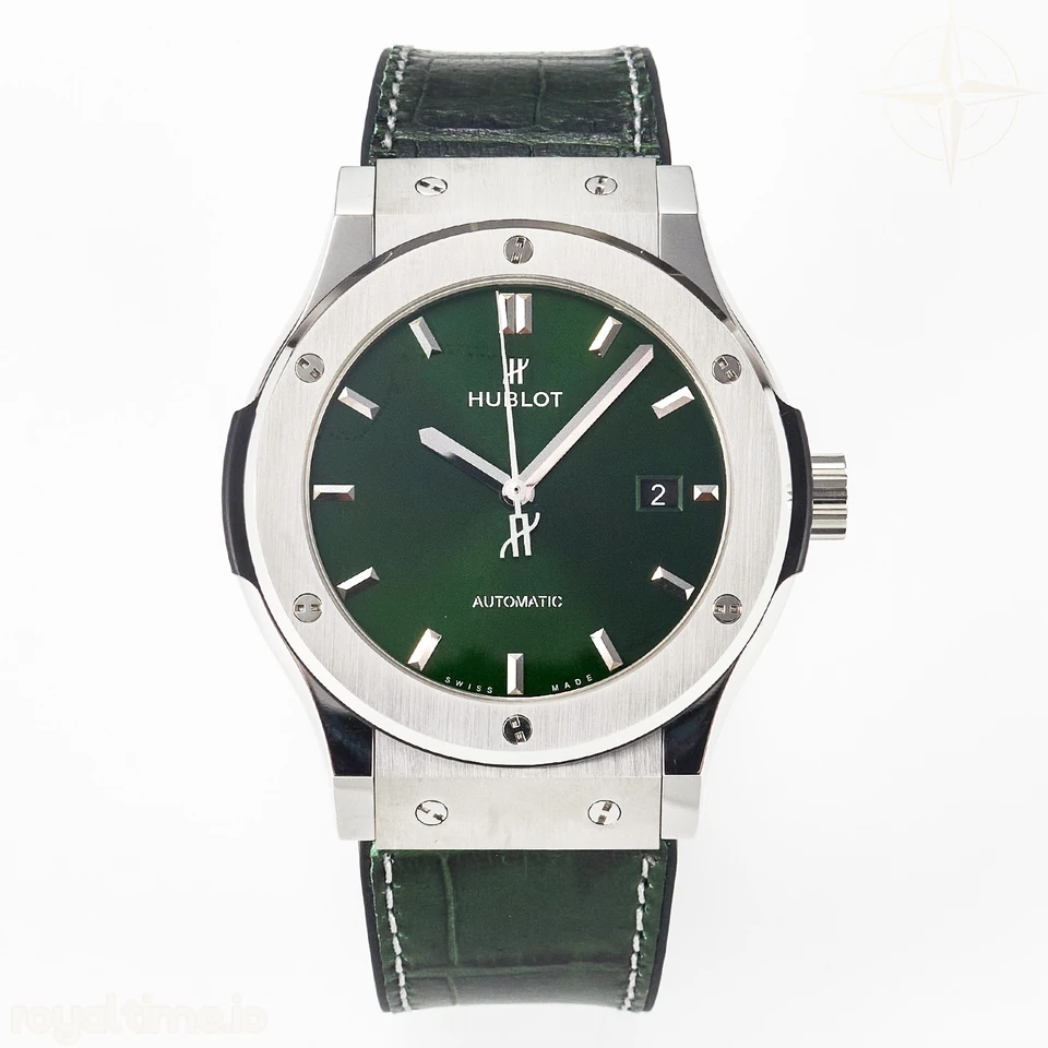 Hublot Classic Fusion 42mm SS JJF Green Dial on Green Gummy Leather Strap