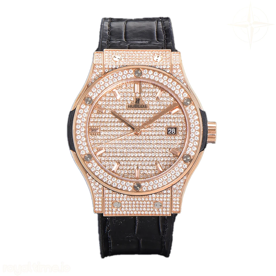 Hublot Classic Fusion Automatic 42mm Diamond Paved Dial in Rose Gold on Black Leather Strap