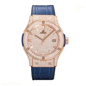 Hublot Classic Fusion Automatic 42mm Diamond Paved Dial in Rose Gold on Blue Leather Strap
